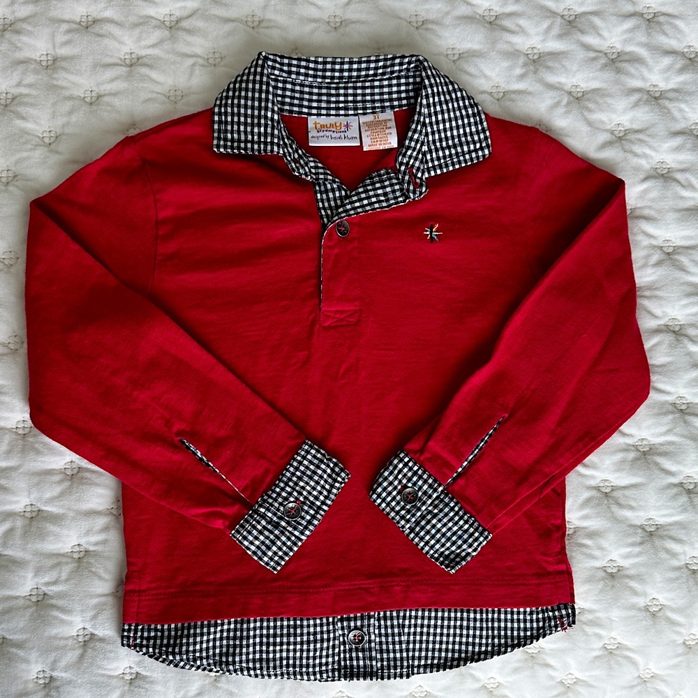 Red Kids Shirt with Checkered Collar